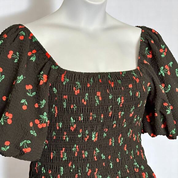 English Factory Size Large Cherry Print Smocked Dress Fit & Flare Puff Sleeve - Picture 3 of 11